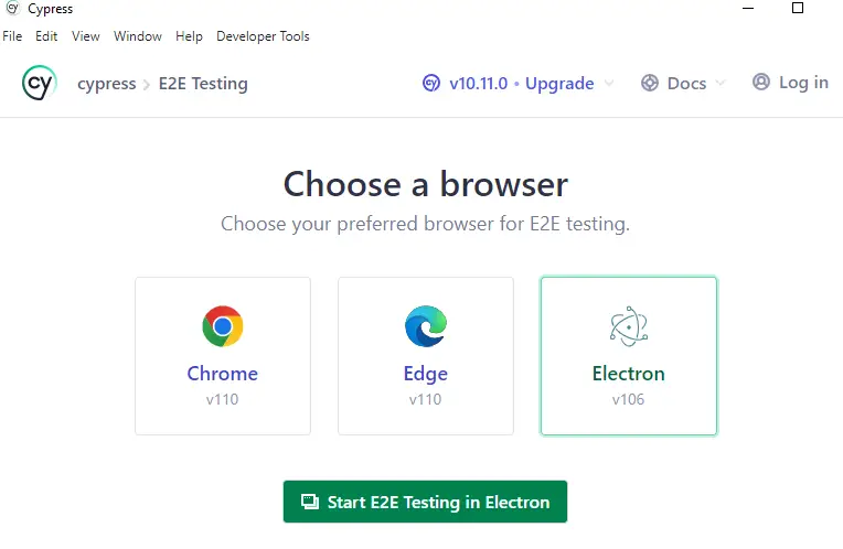 cypress dashboard , choose browser