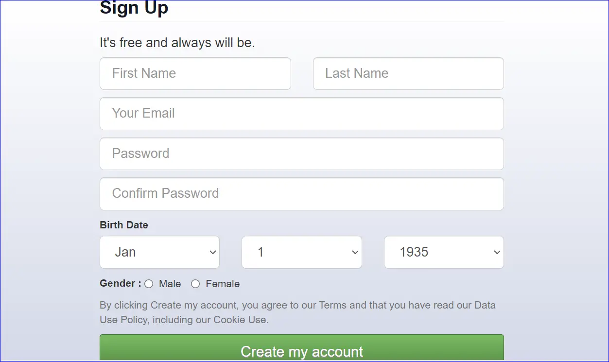 Bootstrap facebook registration signup form