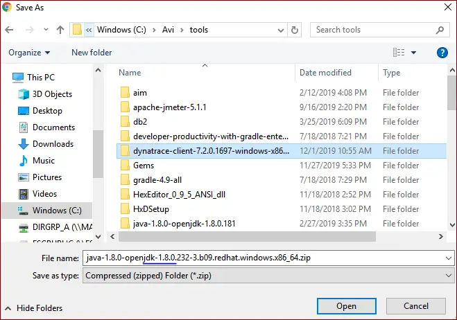 Download AdoptOpenJDK to any directory on windows