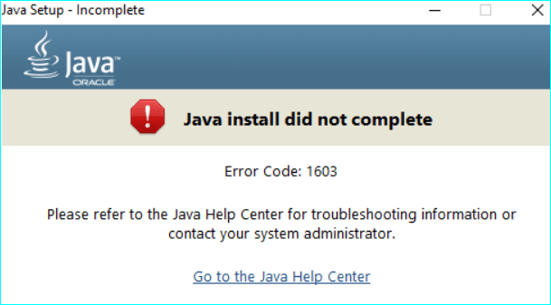 Java Install Did not complete error code 1603