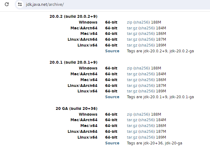 OpenJDK 20 download from archives