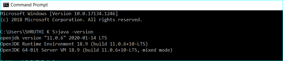 Verify the installed Red Hat OpenJDK 10 version on windows 