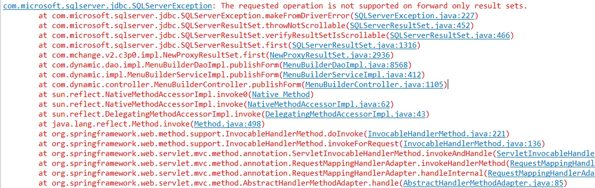 SQLServerException: The requested operation is not supported on forward only result sets.