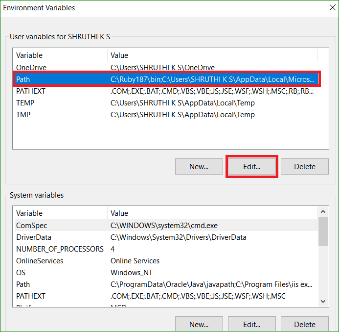 Edit the windows system environment PATH variable