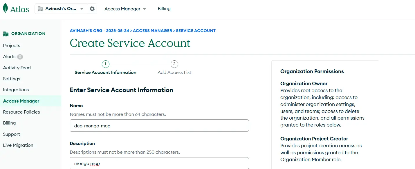 MongoDB MCP Service account creation