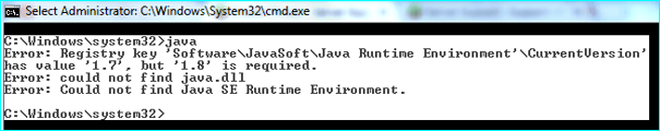 Command Prompt ERROR : could not find java dll