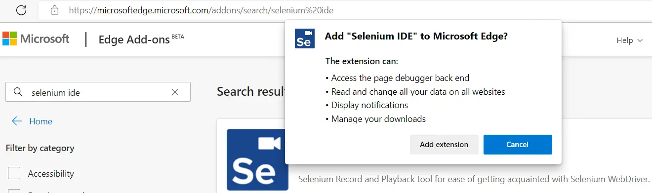 add Selenium IDE extension for Microsoft Edge