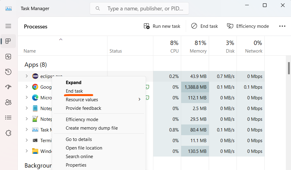 Task Manager - Kill process or End Task